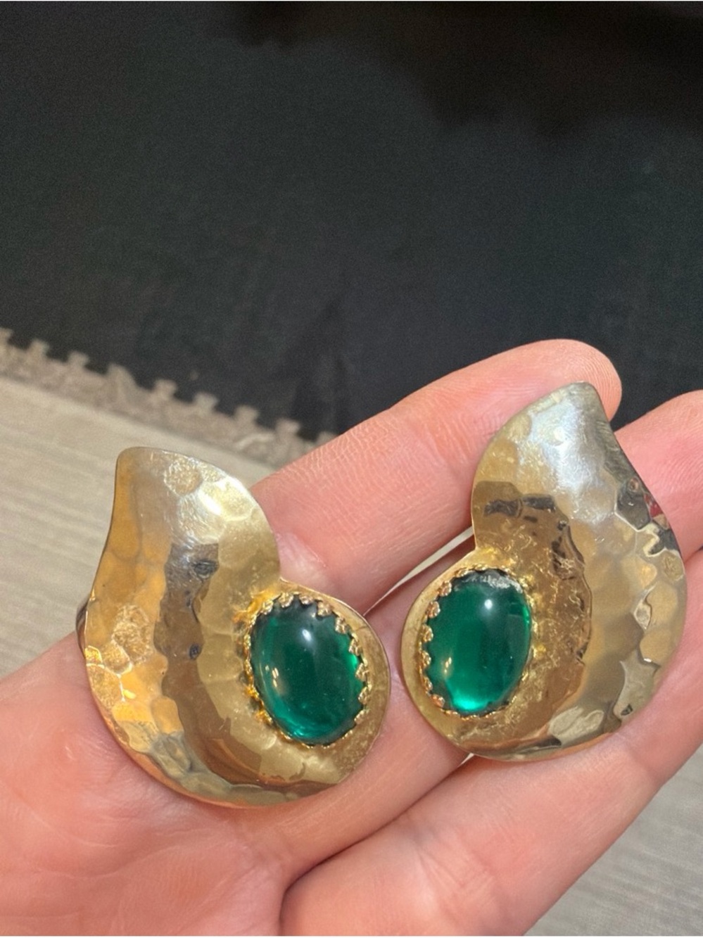 Gold-Tone Hammered Clip-On Earrings with Emerald Green Cabochons